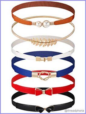 6 Pc Women Skinny Elastic Belts Metal Buckle Dress Waist Belt Set